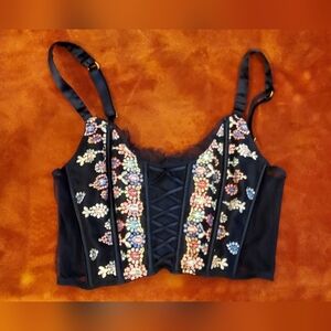 New Victoria's Secret Navy Blue Embroidered Boned Corset Lace-Up Bra top